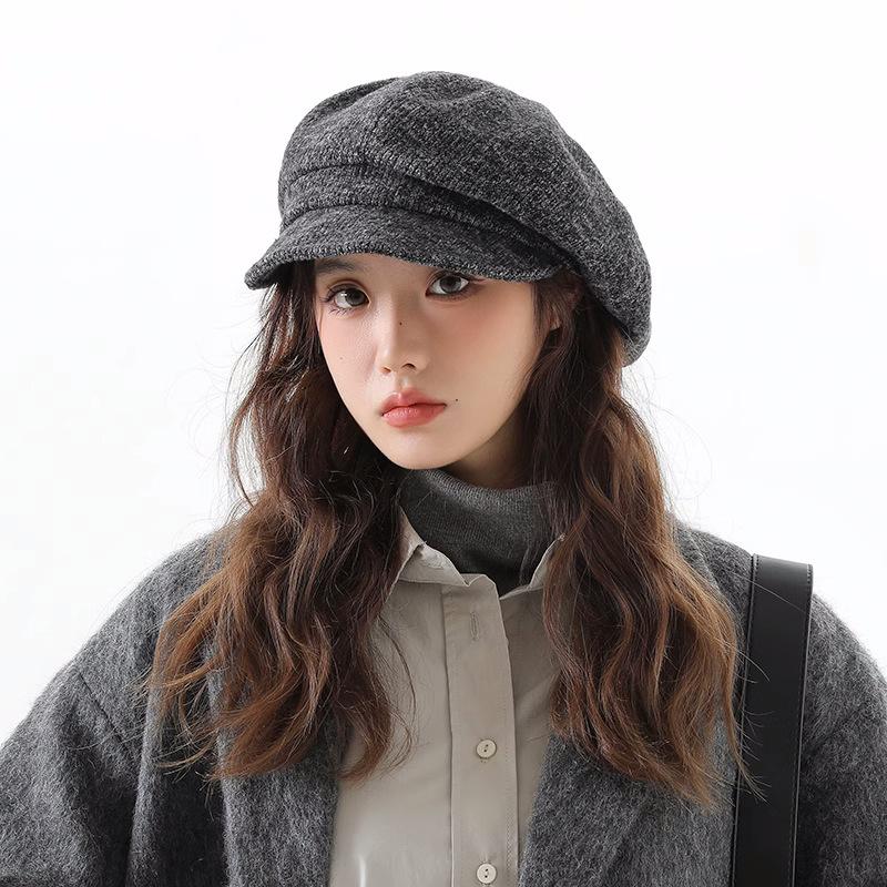 Solid Color Versatile Octagonal Hat for Women in Autumn and Winter Hong Kong Style Warm and Face Showing Little Painter Hat Newsboy Hat Trendy