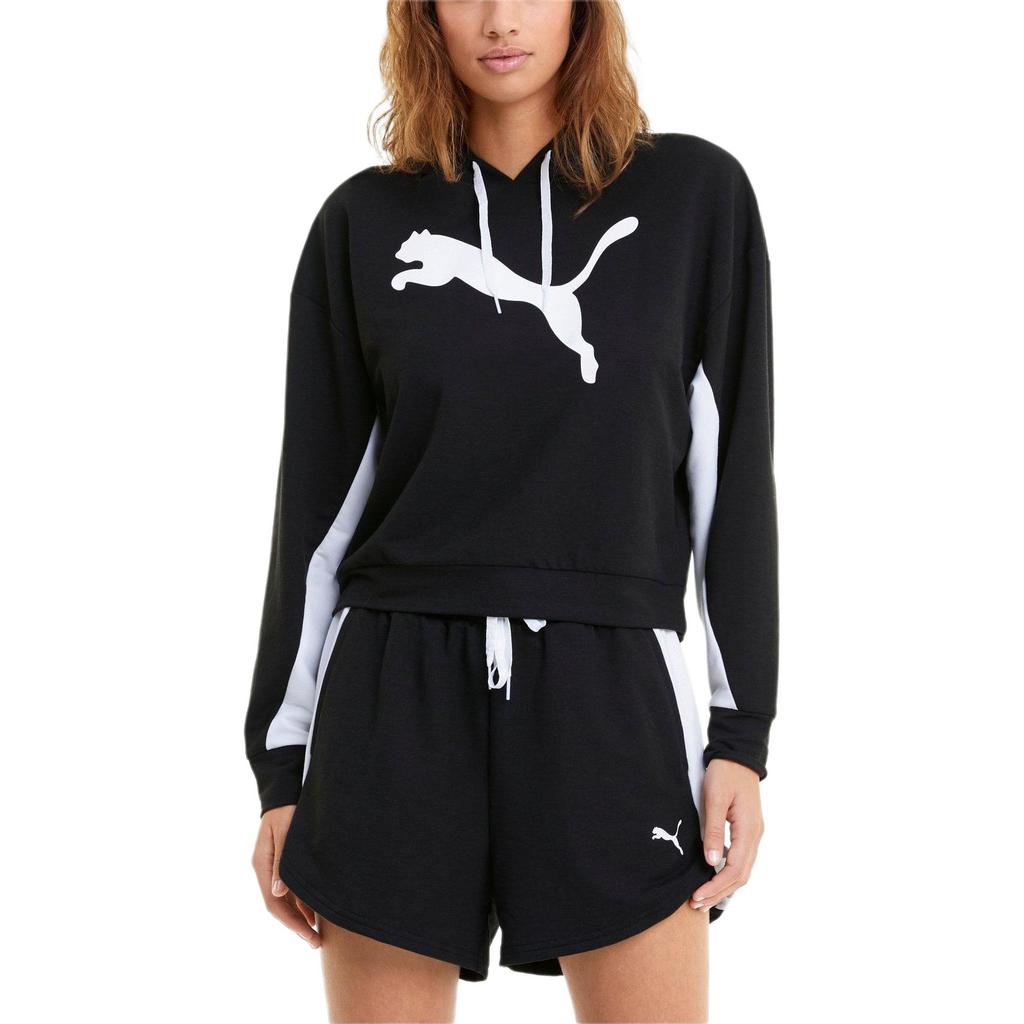 Puma Logo Print Color Block Drawstring Hooded Pullover Long Sleeve Sweatshirt Women Sweatshirt Black 588721-01