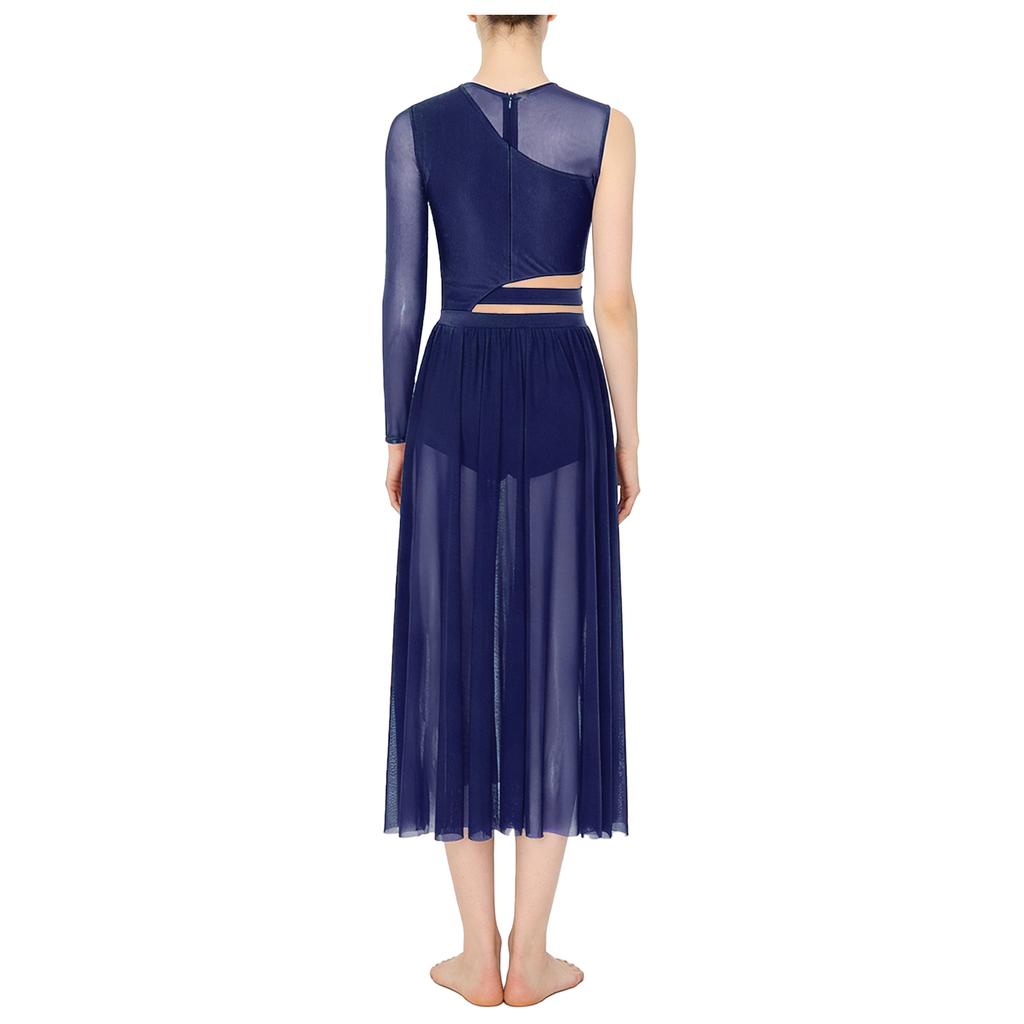 Womens Modern Lyrical Dance Costume Cutout Patchwork Side Split Sheer Mesh Dress Dancewear