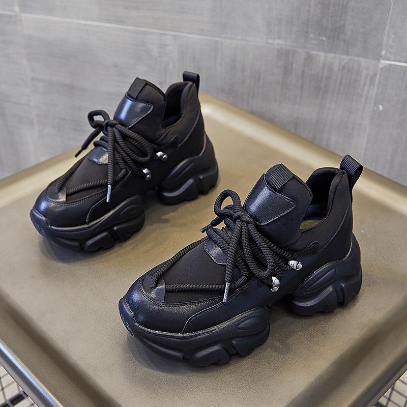 Genuine Leather Women's Dad Shoes 2024 - 8CM Height Boost, Versatile College Style, Trendy Spring/Summer Sport Design