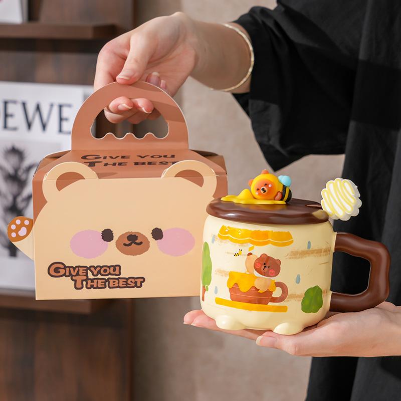 Cute High Value Bee Bear Ceramic Cup with Lid for Home Office Couple Water Cup Creative Gift Mug