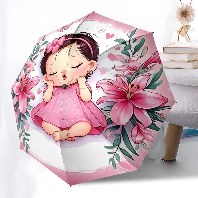 Pink Lily Flower Girl Automatic Opening/Closing Umbrella - Portable 3-Fold Design with Iron Frame - Gift for Fans, Travelers, Daily Use11210