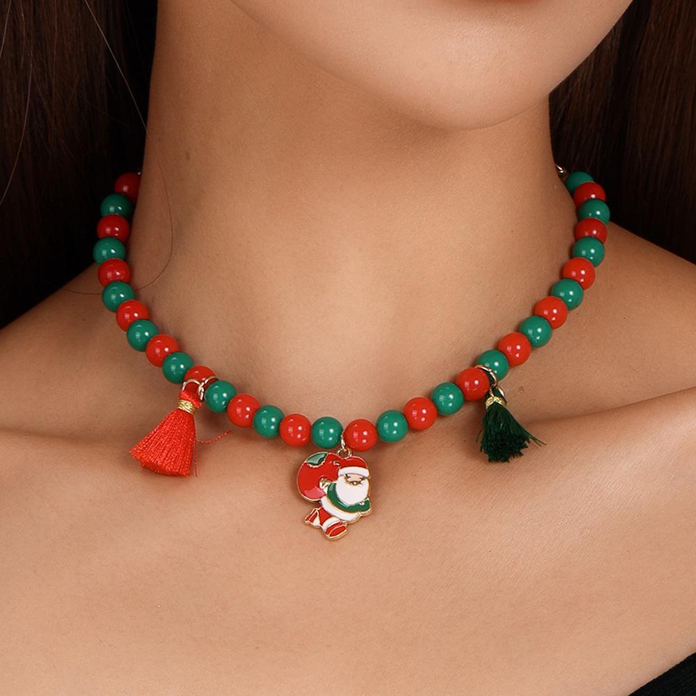 Santa Claus Cartoon Beaded Choker with Tassel Pendant