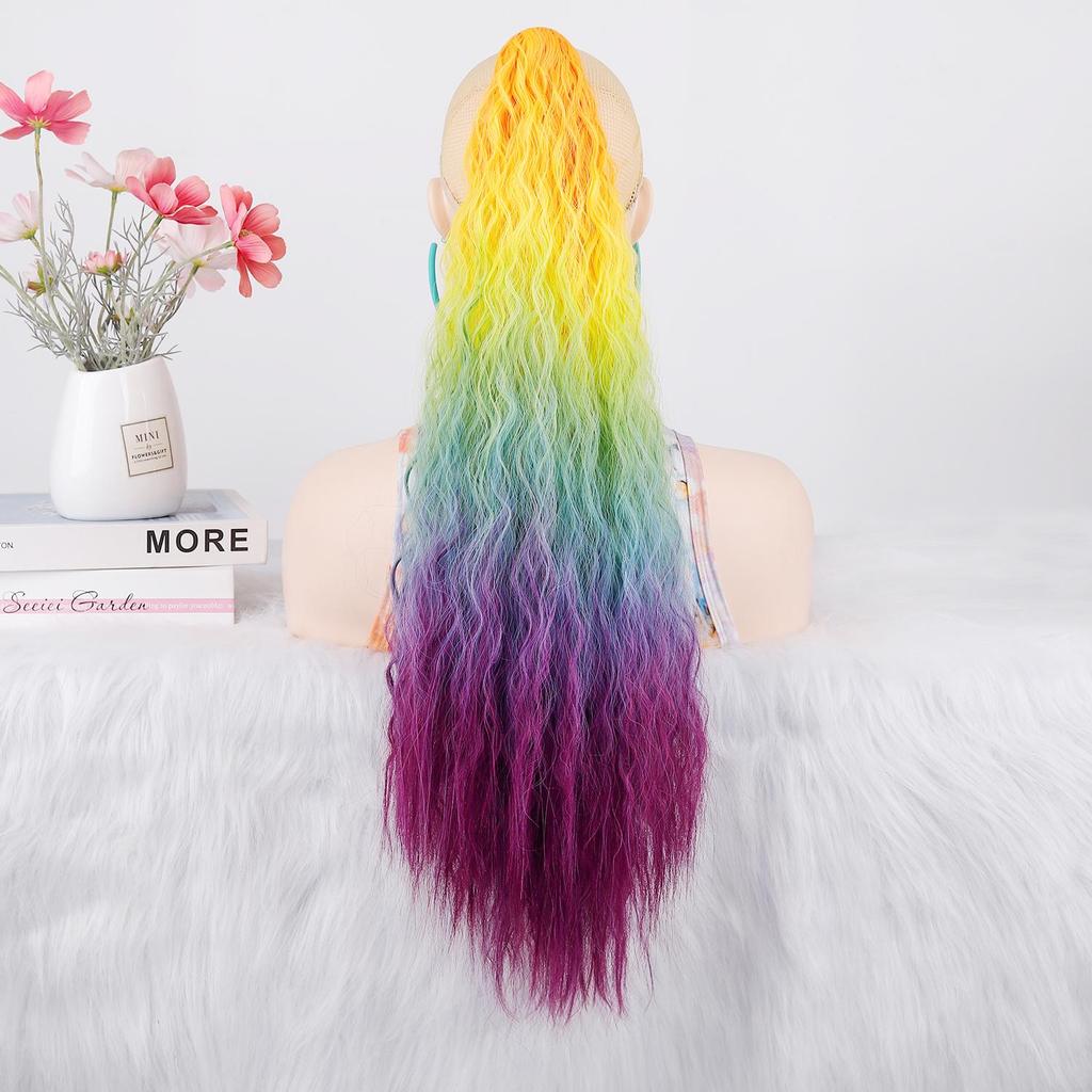 Ponytails Rainbow Ombre Gradient Color Long Curly Ponytail Hair Extension with Claw Instant Styling Hairpiece for Women