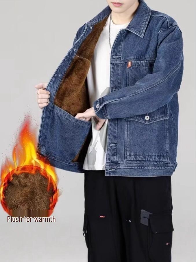 Men's Wear-Resistant Plus Velvet Denim Jacket: Autumn & Winter, Heavyweight, Dirt-Resistant, Loose, Versatile, Casual, American Trend.