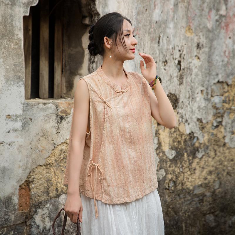 

Johnature Women Vintage Shirts Tops Stand Sleeveless Button Blouses Summer Tie-dye Chinese Style Shirts One Size