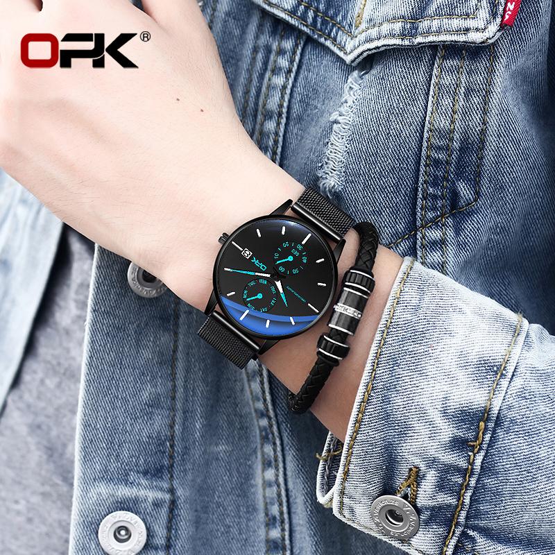OPK 8116 Fashion Original Quartz Watch for Man Waterproof Luminous Steel Mesh Strap Date Week Man Wristwatch