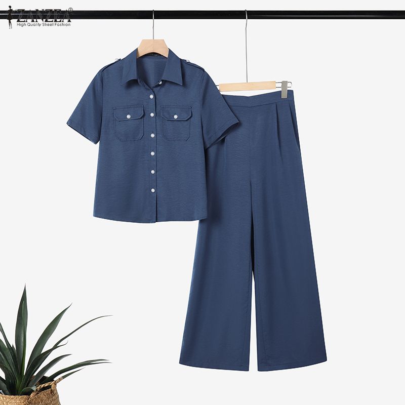 ZANZEA Women Classic Short Sleeve Blouse and Pants Casual Two Piece Suit Sets