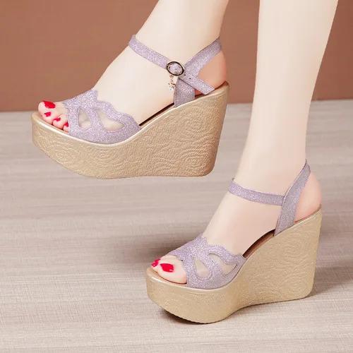 

11cm Small Size 32-43 Mesh Floral Wavy Thick Bottom Sandals Platform Wedges Shoes 2025 Women s High Heels Sandals Office Beach 32 фіолетовий