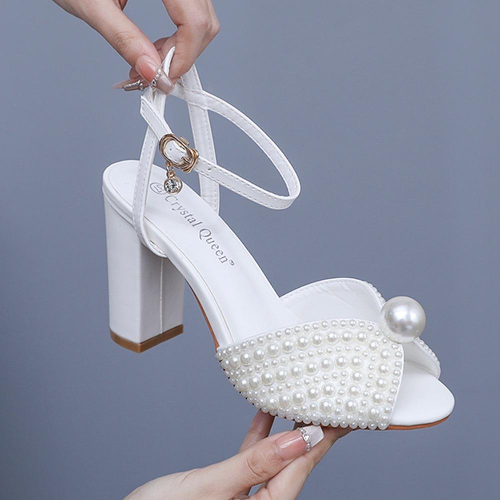 2025 Chunky-Heeled 9CM Pearl Lady Style Hong Kong-Style Fish-Mouth Sandals White Pearl Bride Dress Sandals Women'S Wedding Shoes