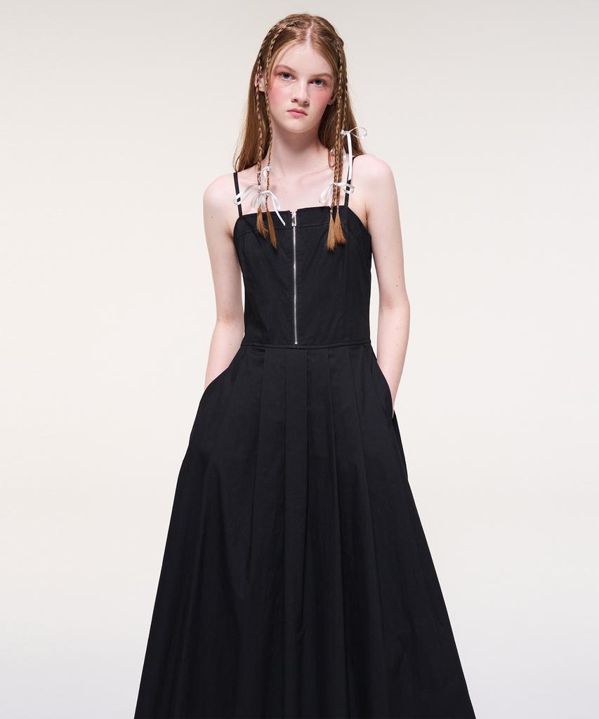 Etmont Front Zipper Pleats Slip Dress, Black