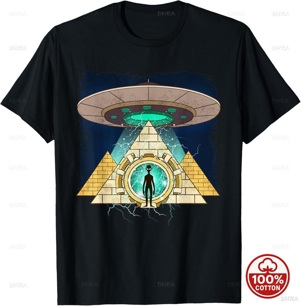 Aliens UFO Egyptian Pyramids Science Fiction Unisex Cotton TShirt Custom Printed Graphic T Shirts Y2k Funny Tshirt Streetwear