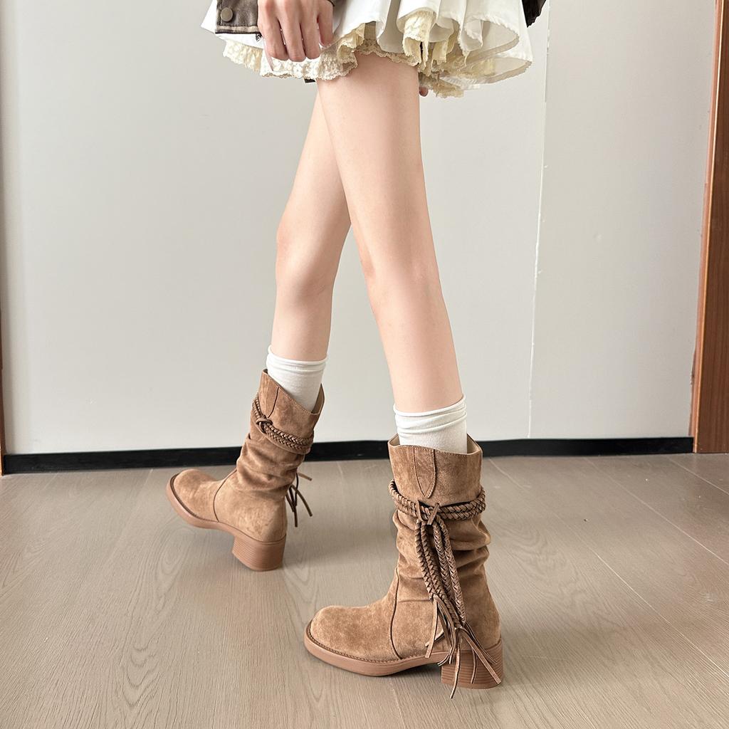 Tassel Hemp Rope Thick Heel Medium Boots Suede Platform Fashion Boots Women's 2025 Autumn New Retro Style Knight Boots