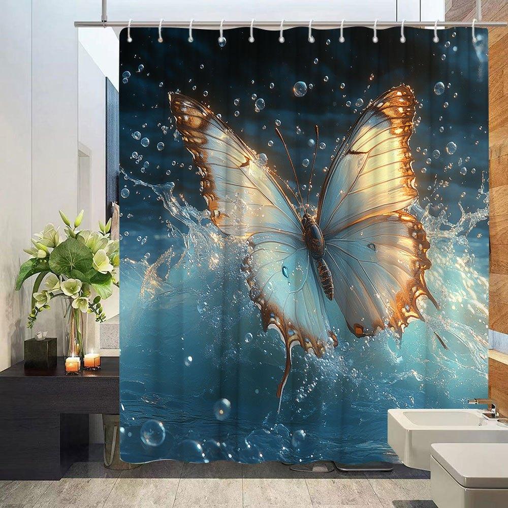 Butterfly Shower Curtain - Fantasy Natural Waterscape, Creative Bathtub Partition, Adds Bathroom Decor,Polyester Fabric,12 Hooks