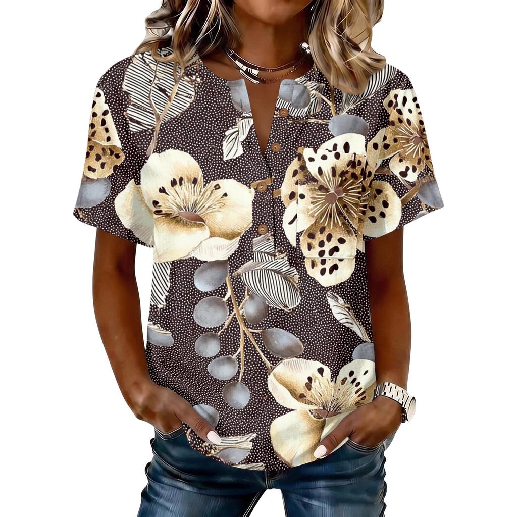 Camicetta da Donna Casual con Stampa Floreale, Collo Henley con Bottoni, Manica Corta, Cotone e Lino, Vestibilità Larga, Top Leggero
