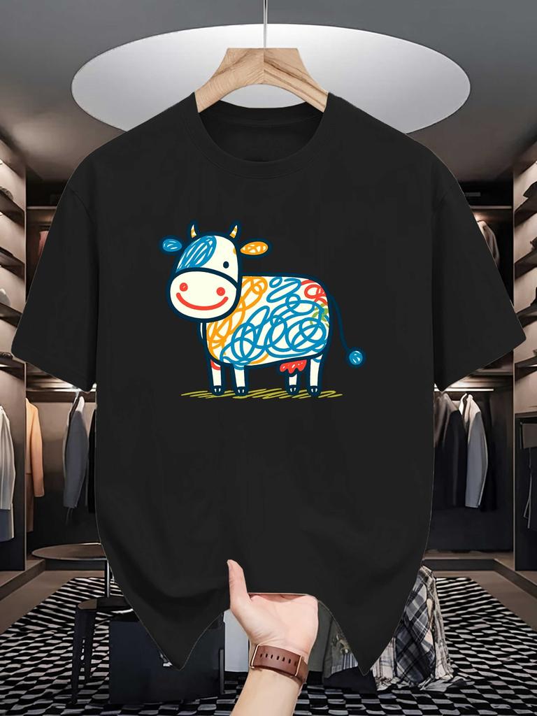 Male Red Round Neck T Shirt Simple Hand Drawn Happy Cow Multicolor Scribble Pattern Lovely Farm Creature Daily Cotton Tee