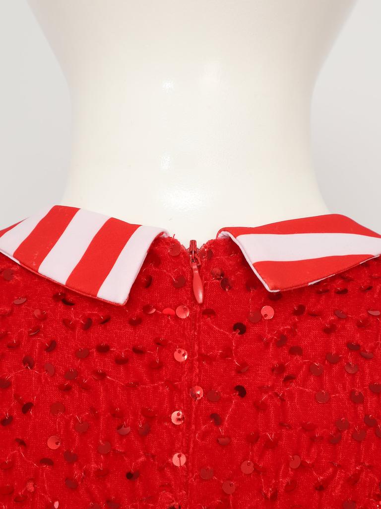 Dziewczęcy strój świąteczny kołnierzyk z klapami długi rękaw cekiny paski laski cukierkowej body impreza świąteczna