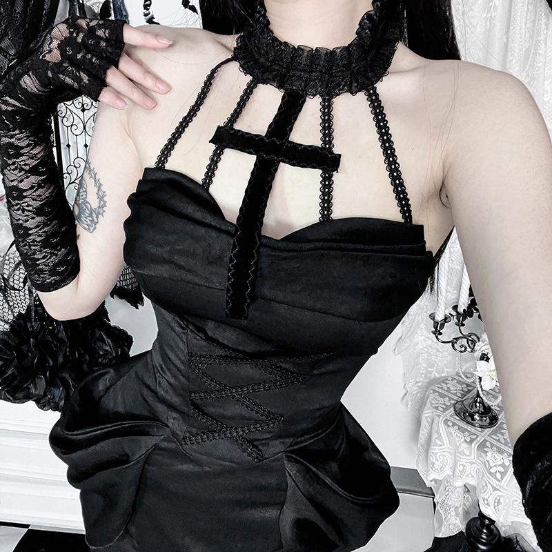 Y2K Goth Cross Lace See Through Flared Sleeve Club Dresses Vintage Punk Elegant Lace-up Maxi Dress Halloween