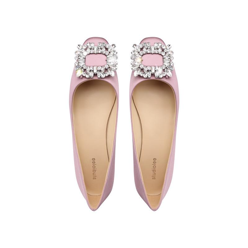 

Sheepskin version single shoes women s rhinestone square head wedding shoes shallow mouth temperament silk square buckle flats 35