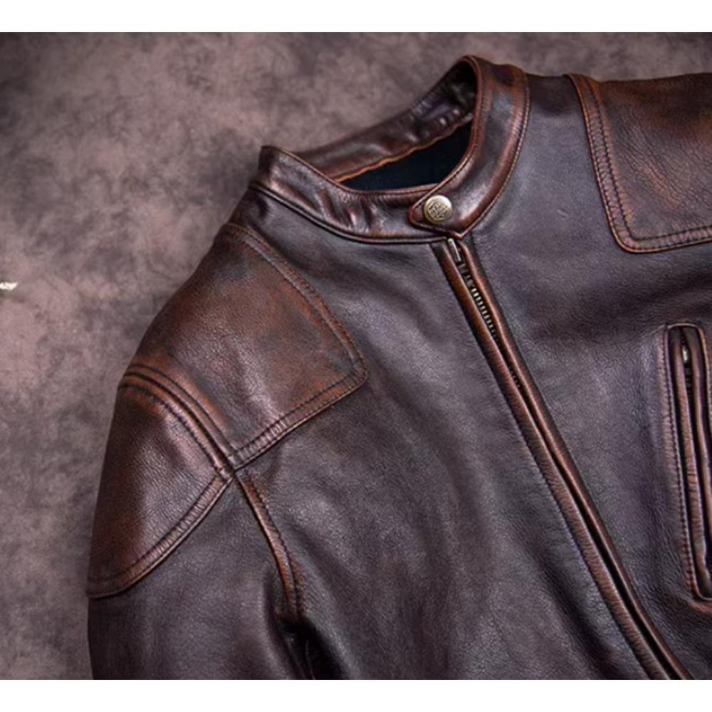 Chinese Size Vintage Men Genuine Leather Jacket Tea Core Cowhide Thickness 1.6mm Tanned Oil Waxed Real Leather Jacket Heavy Thick