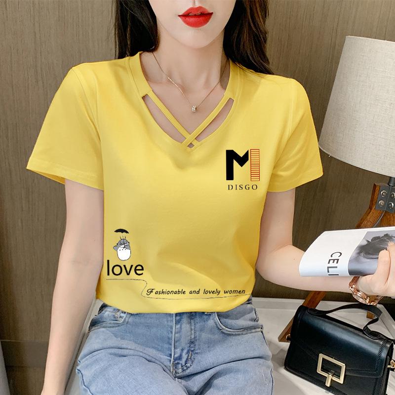 2025 Women's Korean Style V-Neck Short-Sleeve Solid Color T-Shirt