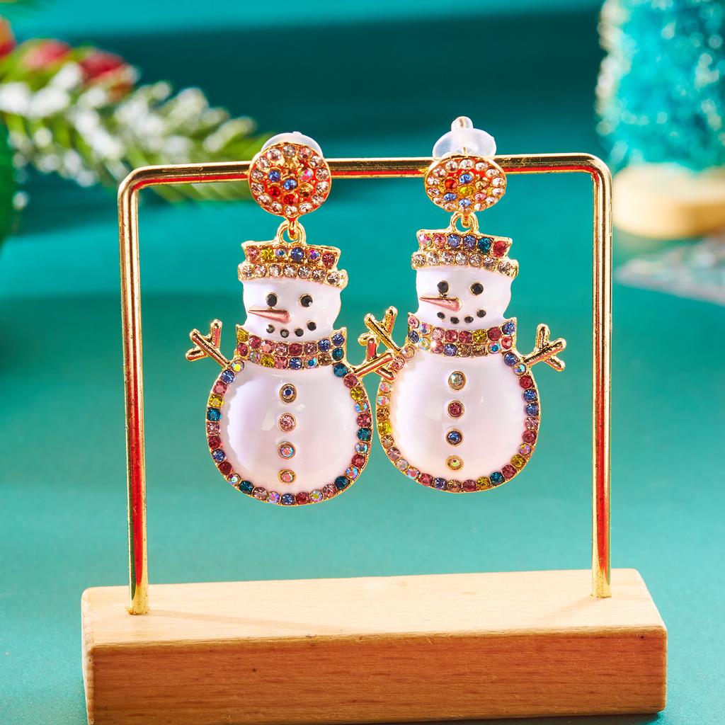 Colorful Crystal Rhinestone Drop Christmas Snowman Earrings Stud for Women Holiday New Year Xmas Party Jewelry Gift