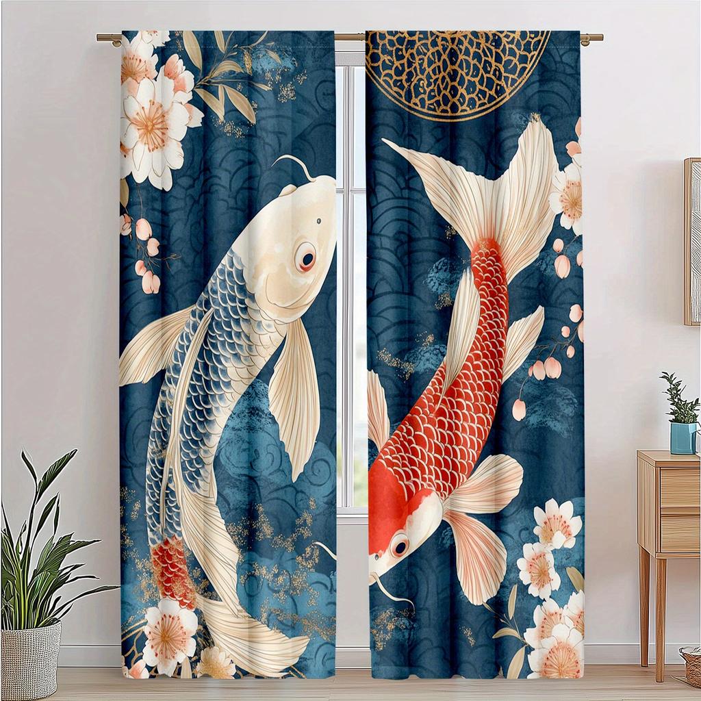 Set of 2 Japanese Koi Fish Curtains   Anime-Inspired Room Darkening Drapes for Bedroom Decoration