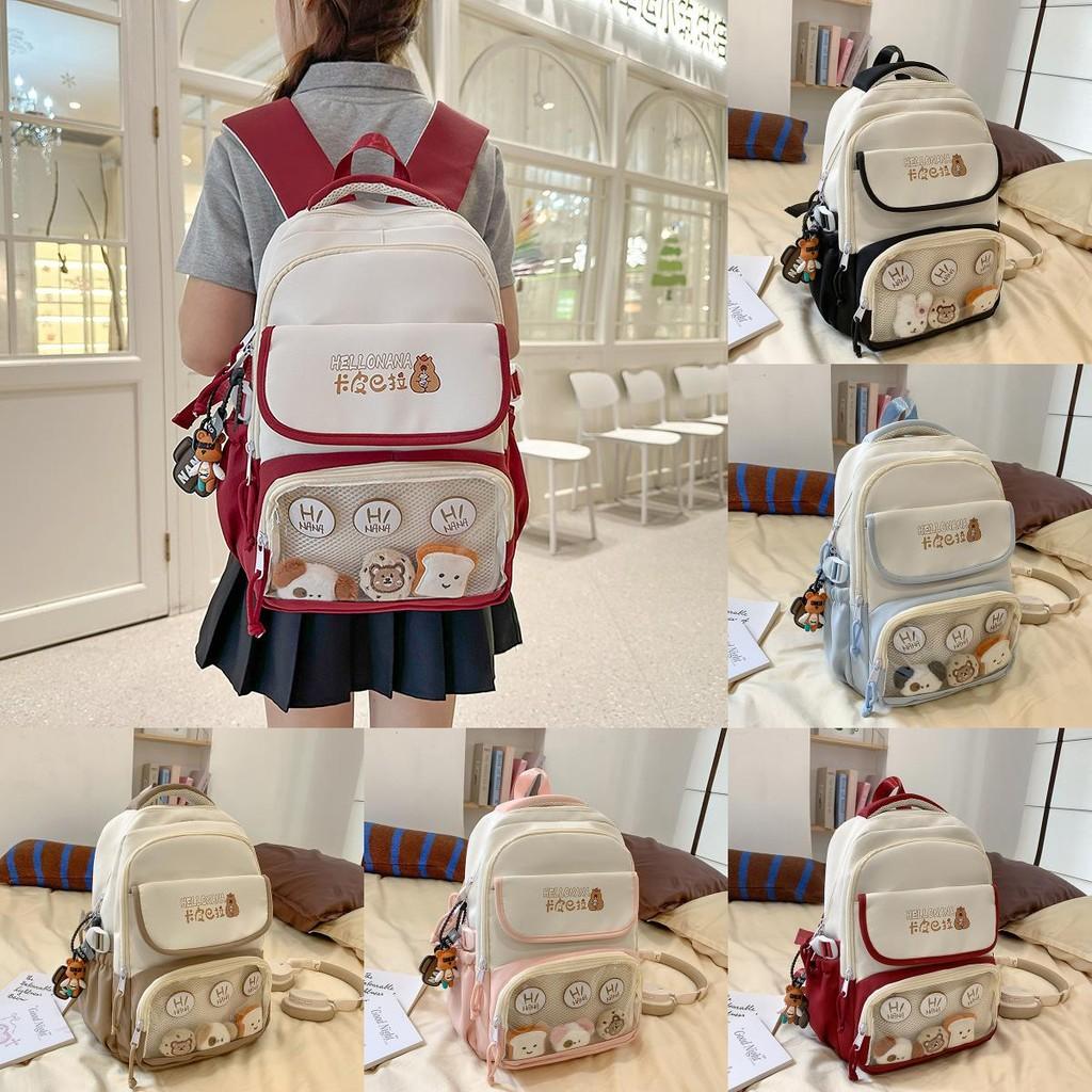 Capybara Color Blocked Letter Print Student Backpack With Pendant Badge And