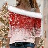 Women's Off Shoulder Furry Trim Long Sleeve T-Shirt Christmas Glitter Star 3D Print Elegant Winter Casual Top