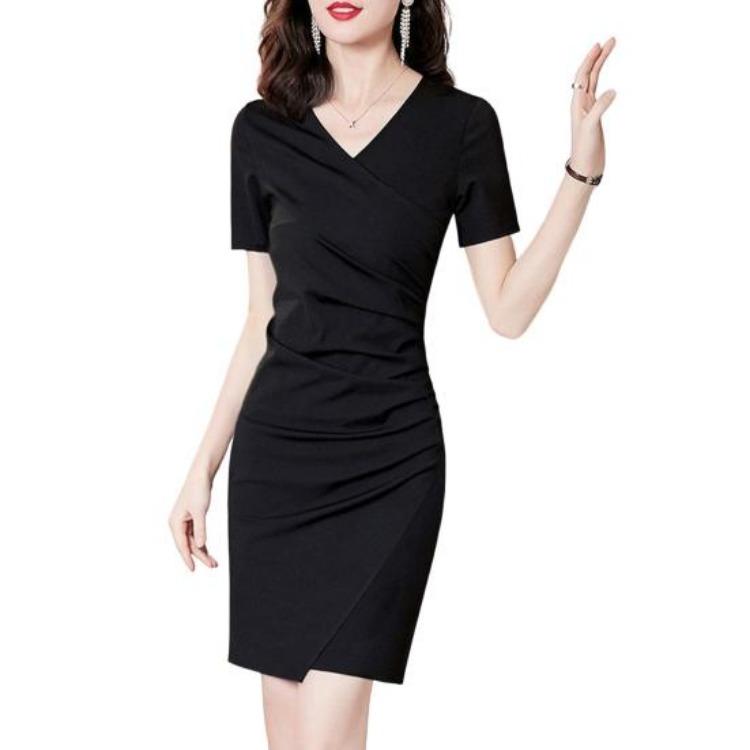 Damen Sommer Freizeitkleid Kurzarm V-Ausschnitt Hohe Taille Raffung Bodycon Mini Einteiler Slim Fit Kleid
