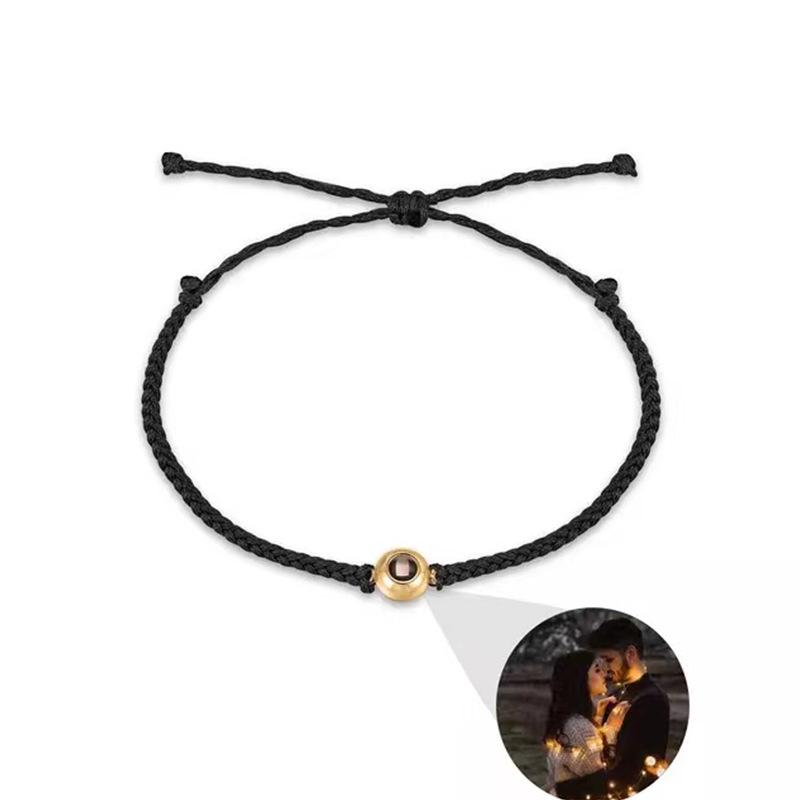 Custom Photo I Love You Projection Bracelet: 100 Languages, Titanium Steel, Woven Rope, Round Bead