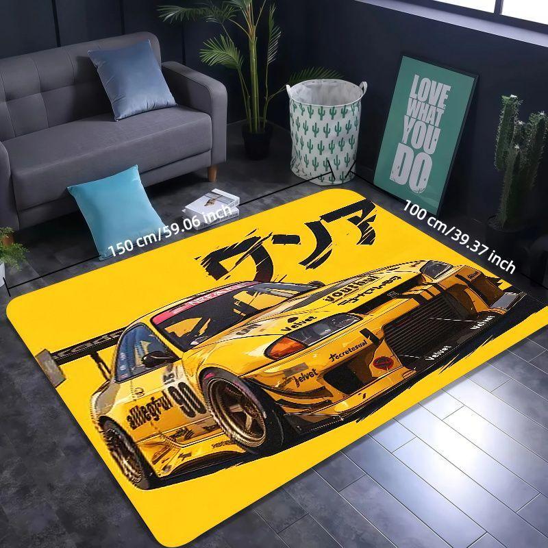 Japanese Street Racing Design Area Rug, for Living Room, Bedroom, Game Room Decor - Vibrant Yellow & Black Sports Car Art Mat