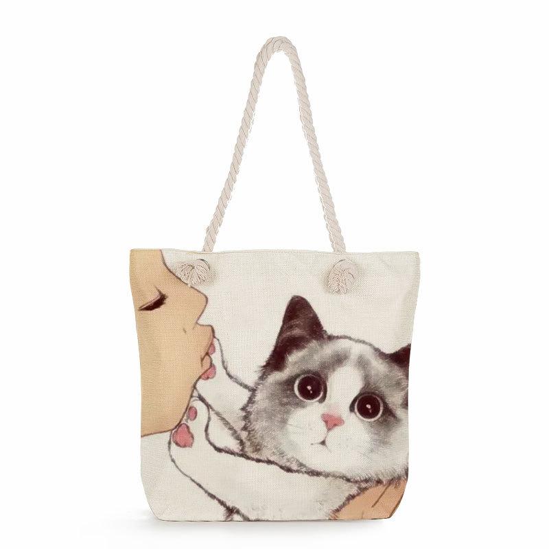 Multifunctional Cute cat Printed Thick Rope Shoulder Beach Bag 7584