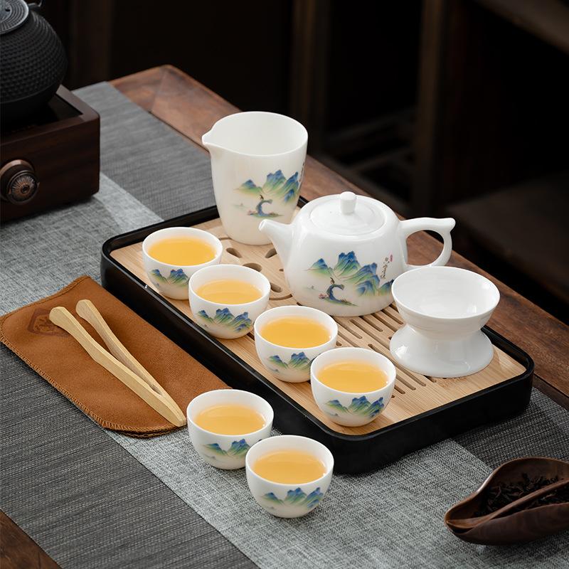 Light luxury suet jade white porcelain tea set household living room office Chinese high-end kung fu tea set