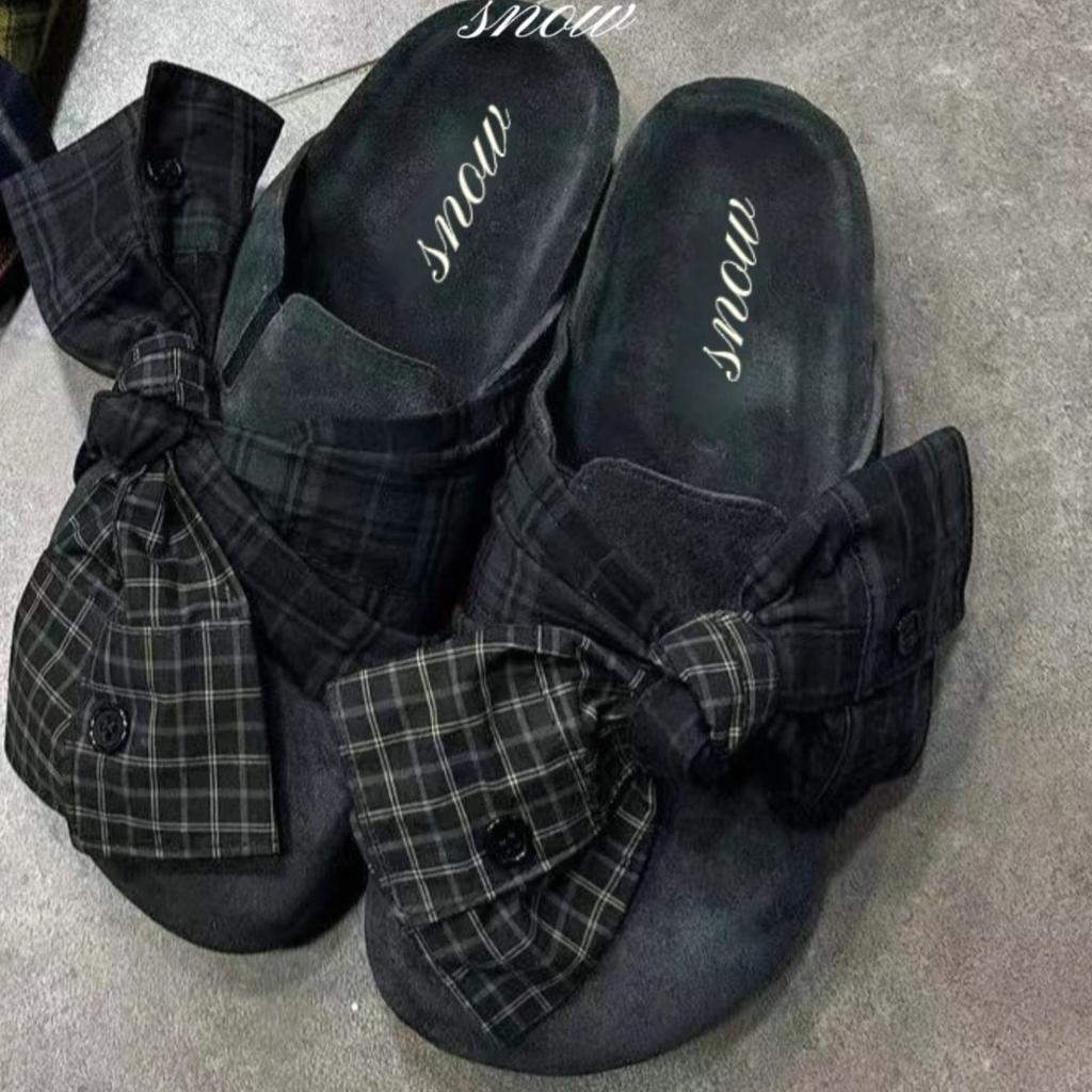 Retro Plaid Bag Head Half Slippers Women's Summer Wear New One-pedal Lazy Single Shoes Flat Sandals