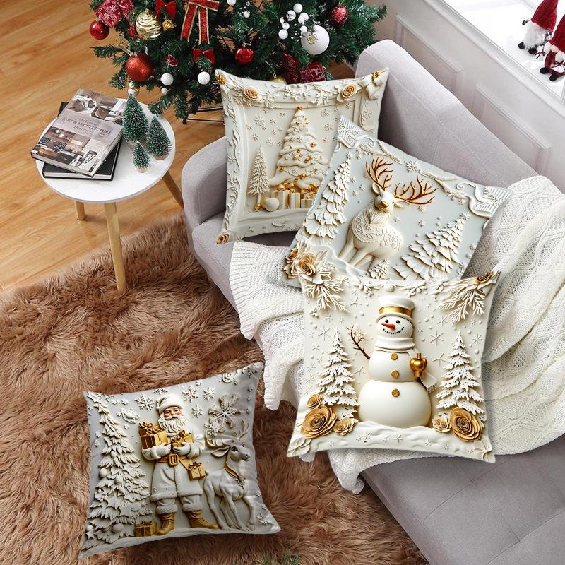 Goldener weihnachtlicher Kurzplüsch-Kissenbezug mit Schneemann-, Rentier- und Baum-Design - Festliche Heimdeko-Kissenhülle