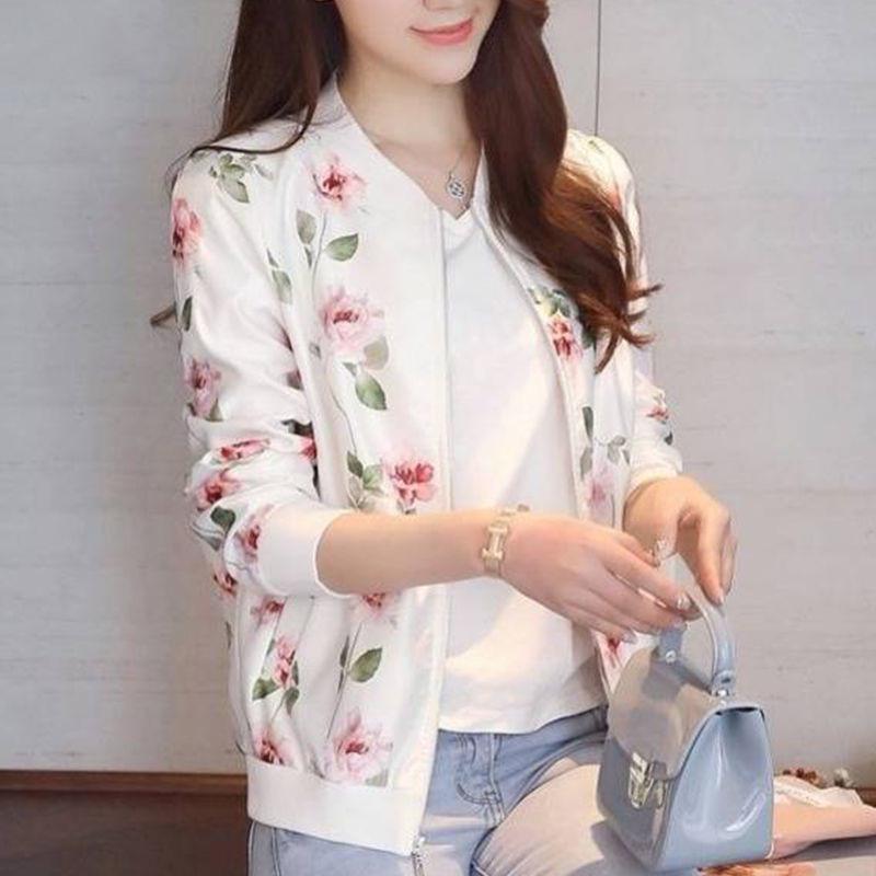 Women's Korean-Style Chiffon Sun Protection Jacket, Long Sleeve, Zipper, Printed, Loose Fit, Short Length