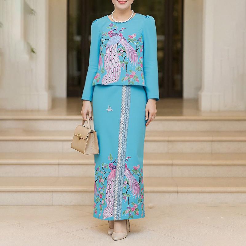 

ZANZEA Жіноча блузка з довгим рукавом та довгі спідниці Повсякденні костюми-двійки 4XL синій