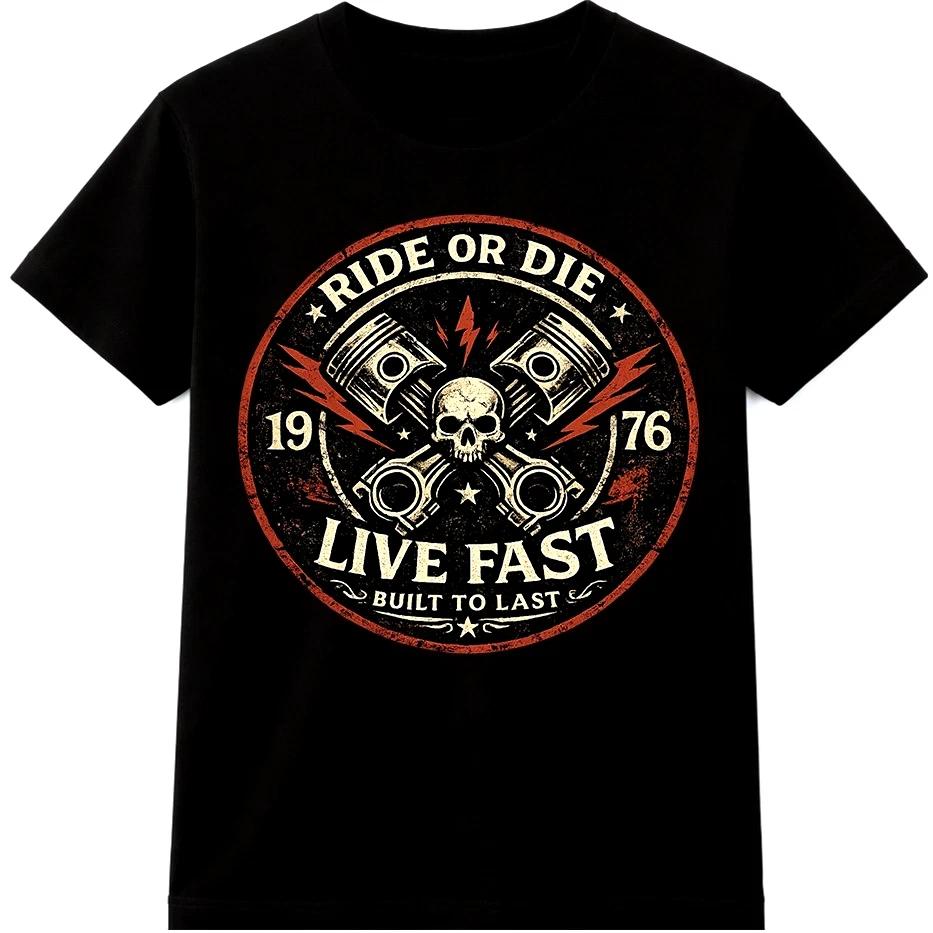 Biker T Shirt Ride Or Die Live Fast Skull Pistons Garage Vintage Graphic Tee S