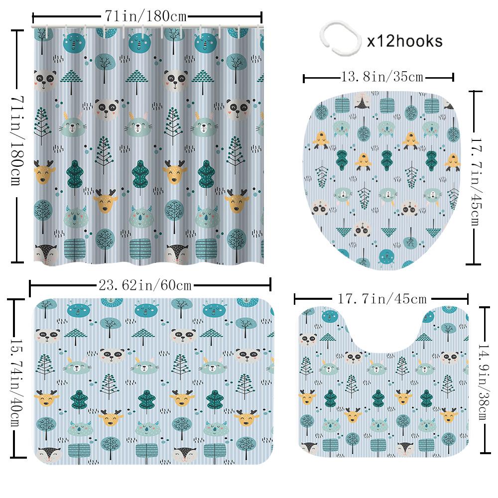 1/4 Simple animals shower Curtains, Toilet Seat Decoration, Shower Curtain with Carpet and Toilet Lid, 12 70.8x70.8 inch Hooks
