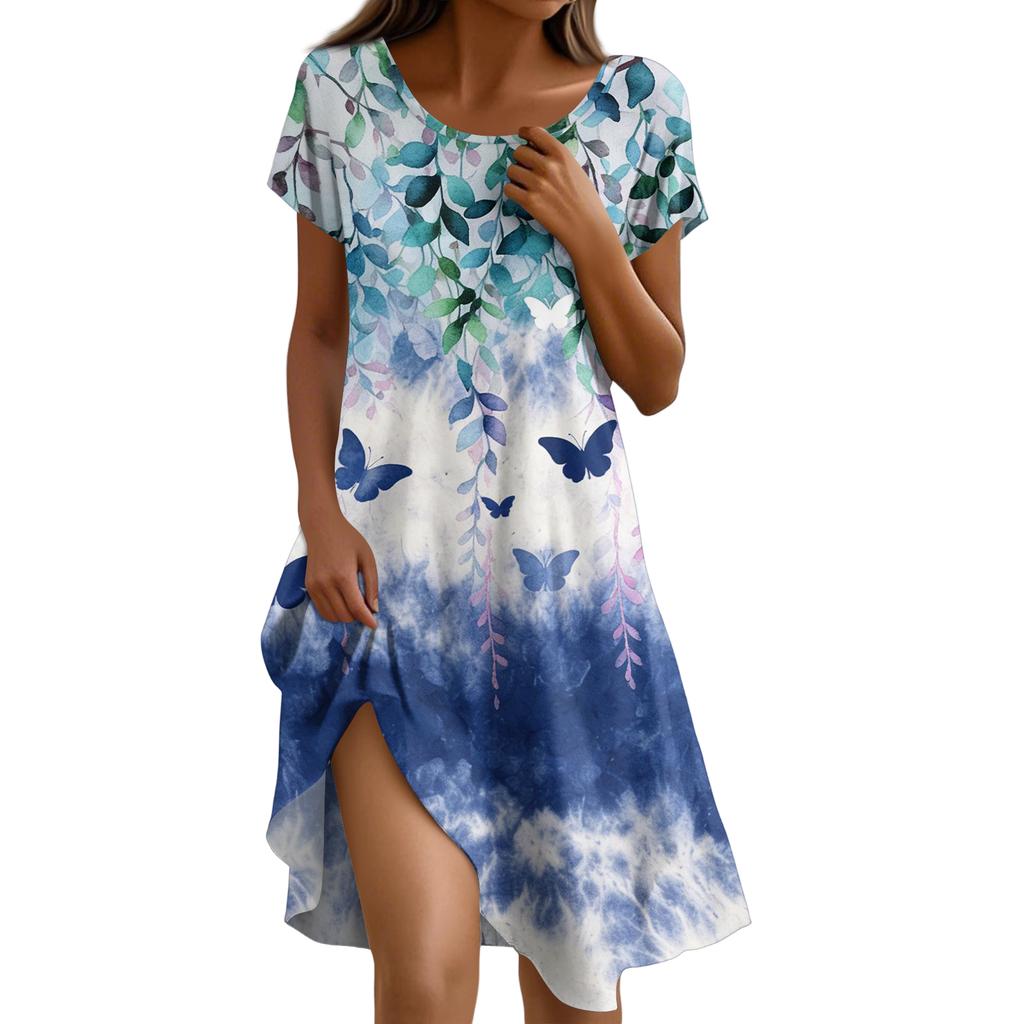 Short Sleeve Boho Dress For Women Casual Loose Fit Summer Sundress Floral Print Dress With Pockets