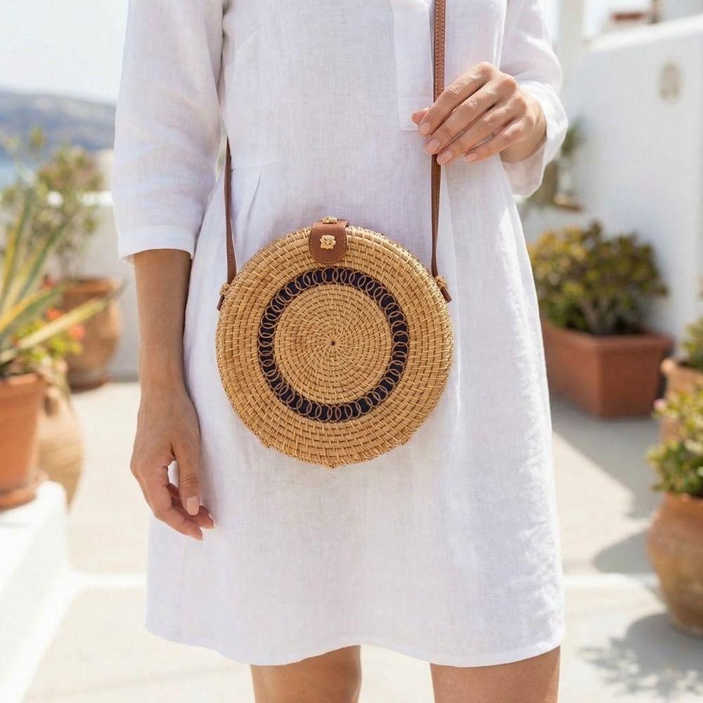 Ethnic Style Rattan Weave Bag Bohemian Round Crossbody Bag Retro Beach Bag  Picnic