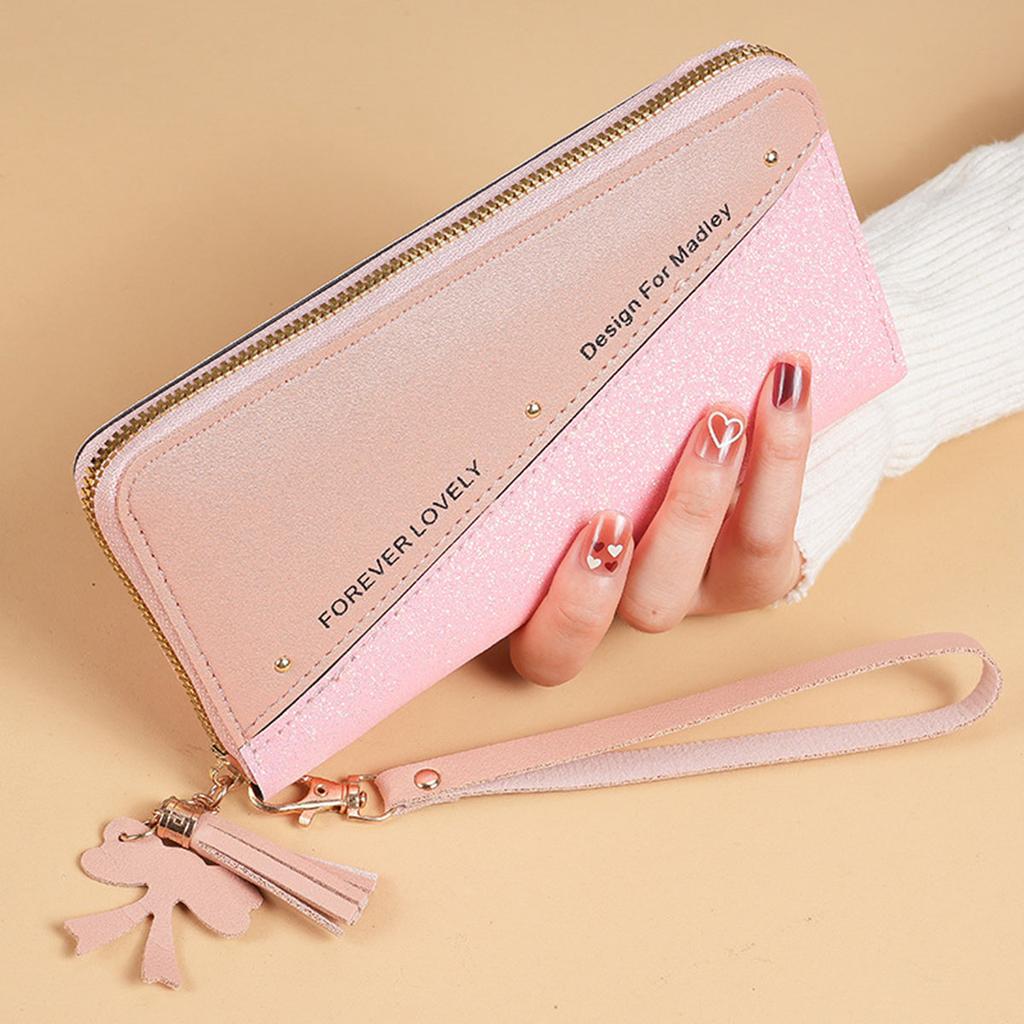 Long Zipper Wallet Ladies Spliced Color Block Tassel Versatile Card Holder Mobile Phone Bag Fashionable Ladies Accessories