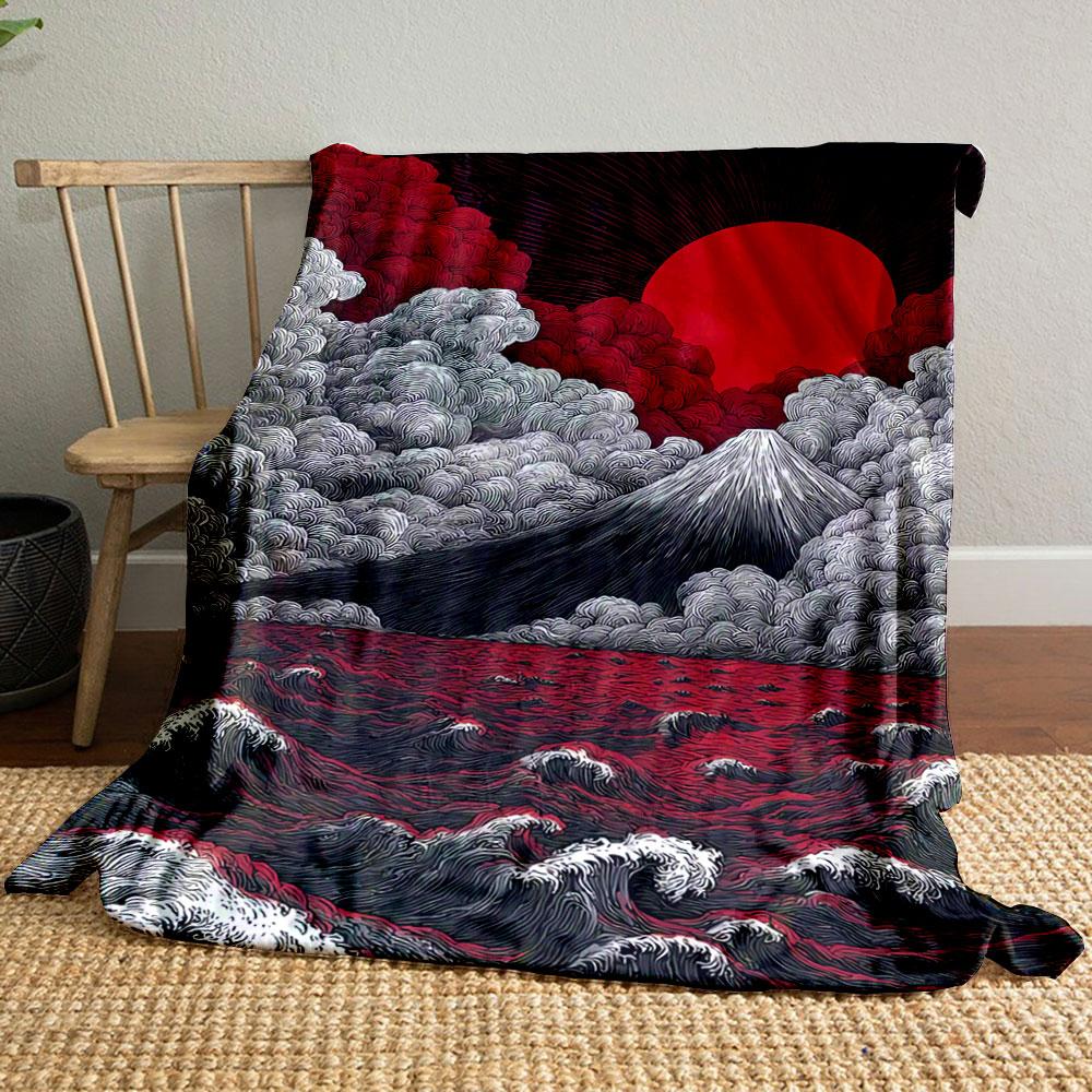 A Swirling Pattern of Clouds, Waves, a Mountain, and a Bold Red Sun. for All Seasons Blanket Lunch Break Throw Gift