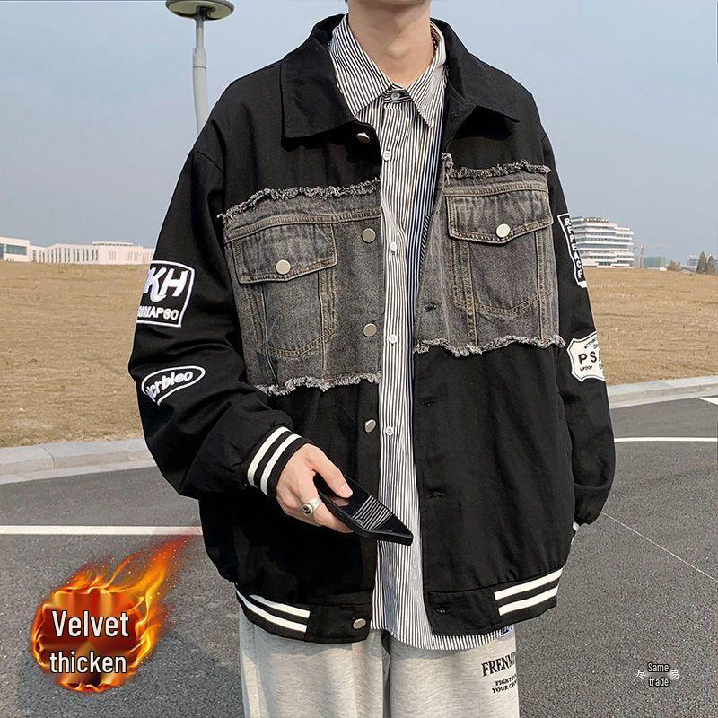 Men's Retro Patchwork Denim Jacket - Thickened Winter Shearling Lining, Versatile Trendy Ins Hipster Style