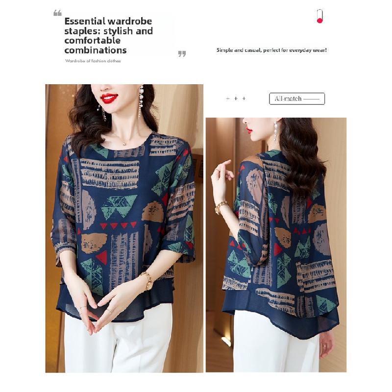 New Fashion Casual Short-sleeve Chiffon Blouse for Women, Summer Loose-fitting Pullover Plus-size Top