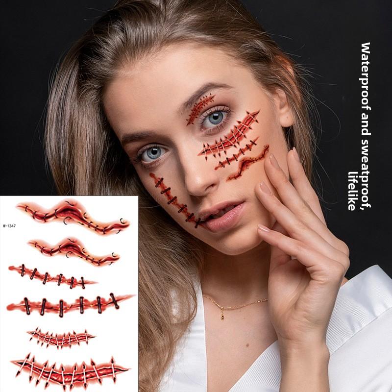 Halloween Tattoo Sticker Waterproof Simulation Scar Horror Half Arm Tattoo Flower Arm Tattoo Sticker