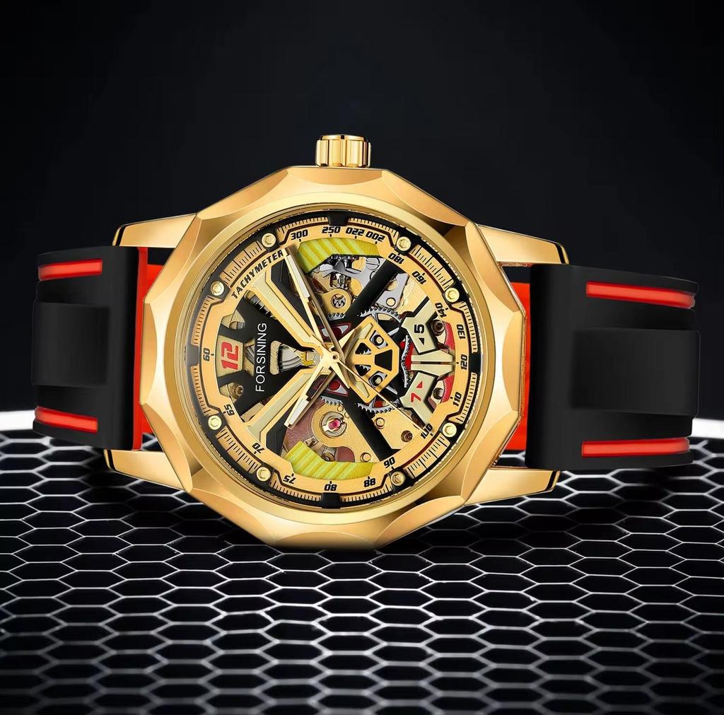 FORSINING Mens Watches Hand-winding Mechanical Skeleton Watch for Men Hollow Out Rubber Strap Waterproof Luminous Mens Wristwatch