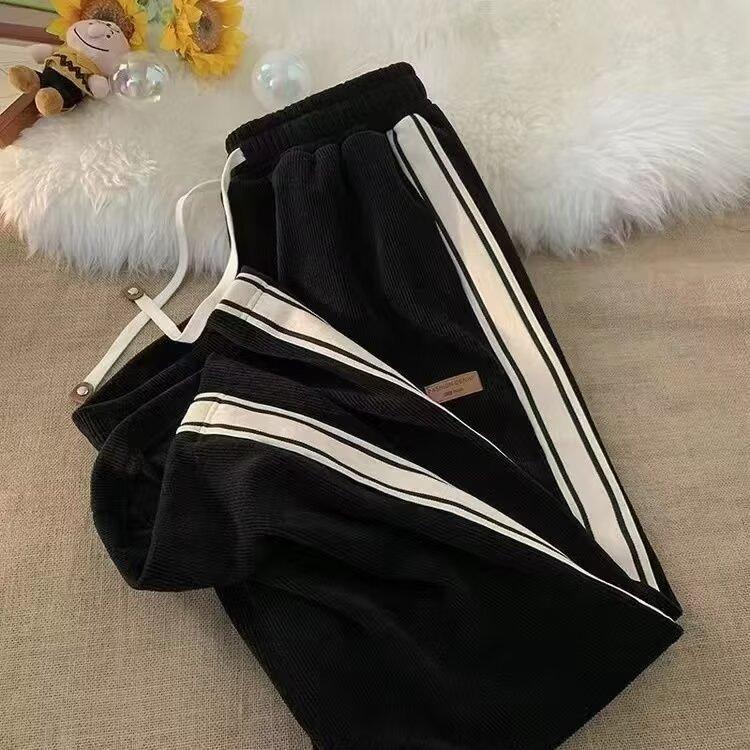 Autumn Winter Fleece-Lined Loose-Fit Straight-Leg Casual Trousers for Men and Boys Trendy Sports Casualtrousers High Street