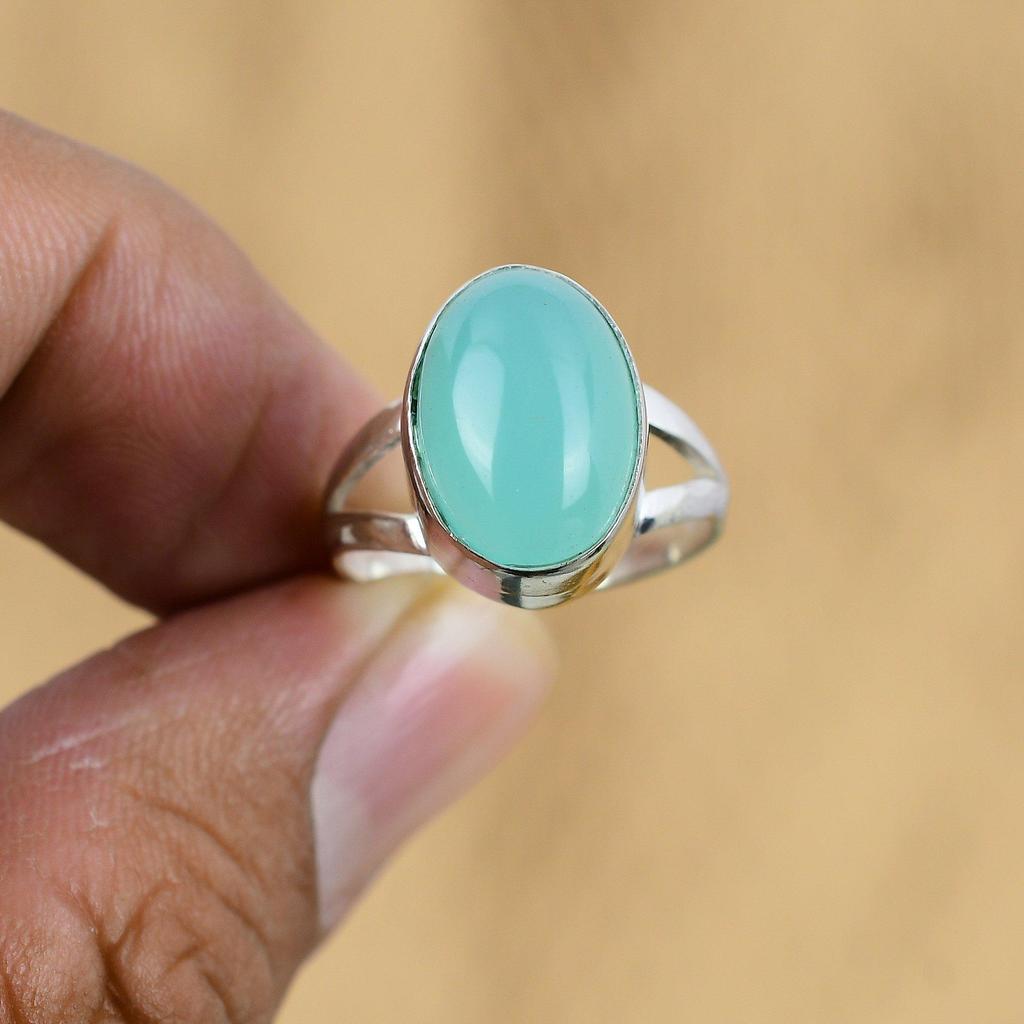 Natural Green Chalcedony Boho Promise Wedding Ring Size 7.75 925 Sterling Silver